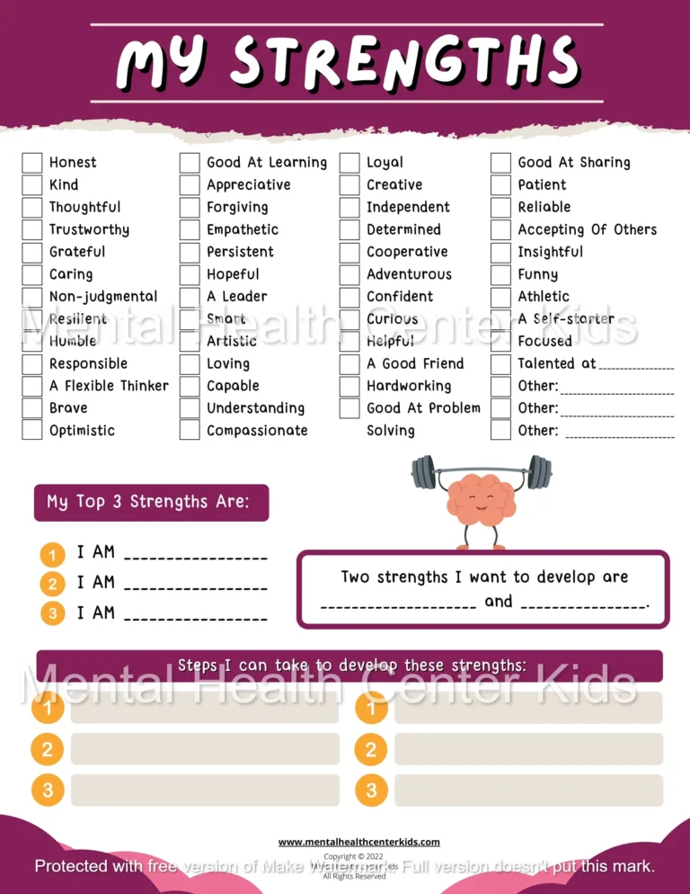 My Strengths Worksheet Mental Health Center Kids