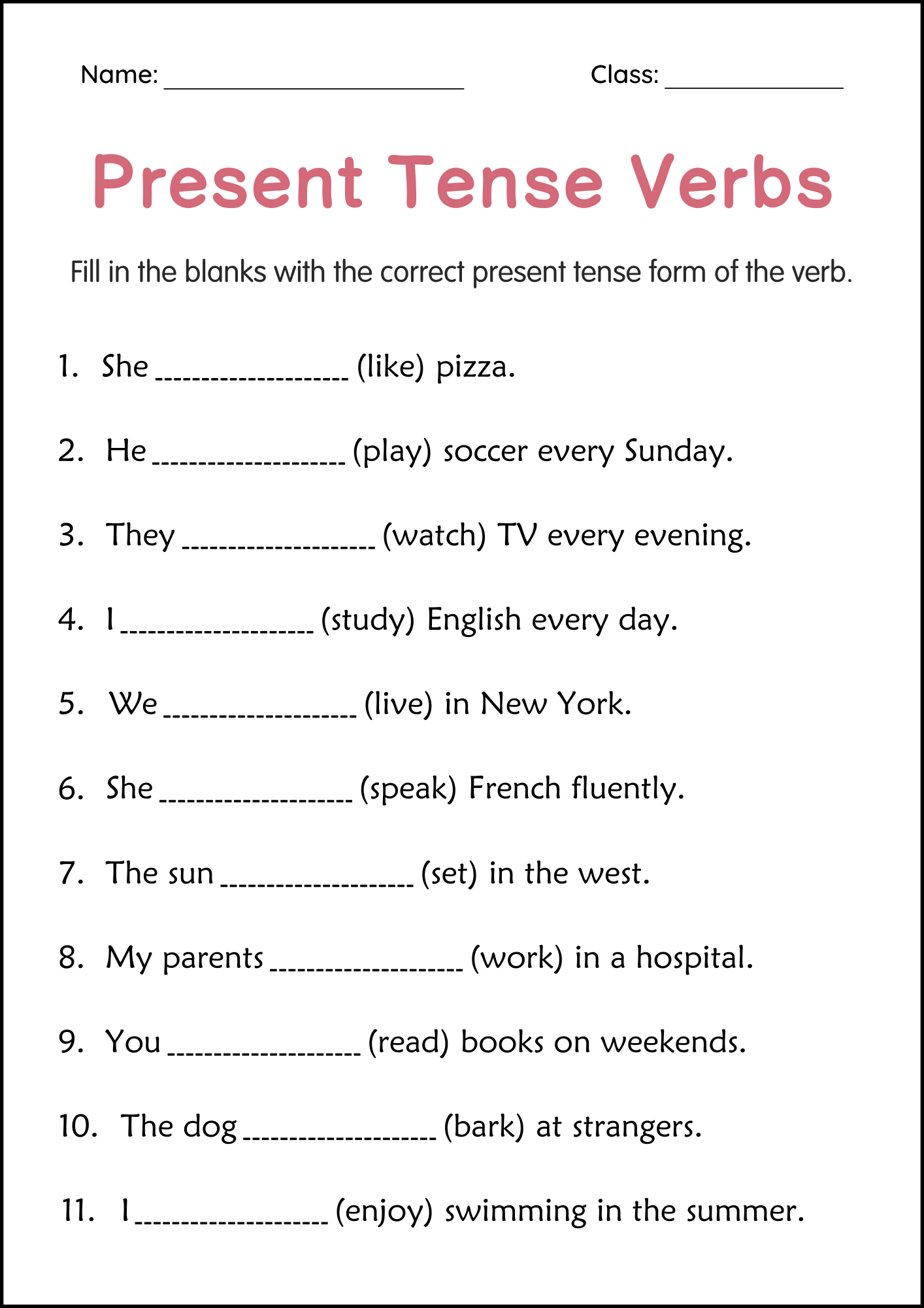 Free Printable Present Tense Verb Worksheets Free Printable Present Tense Verb Worksheets