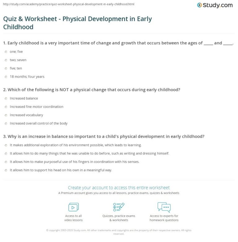 Quiz Worksheet Physical Development In Early Childhood Study