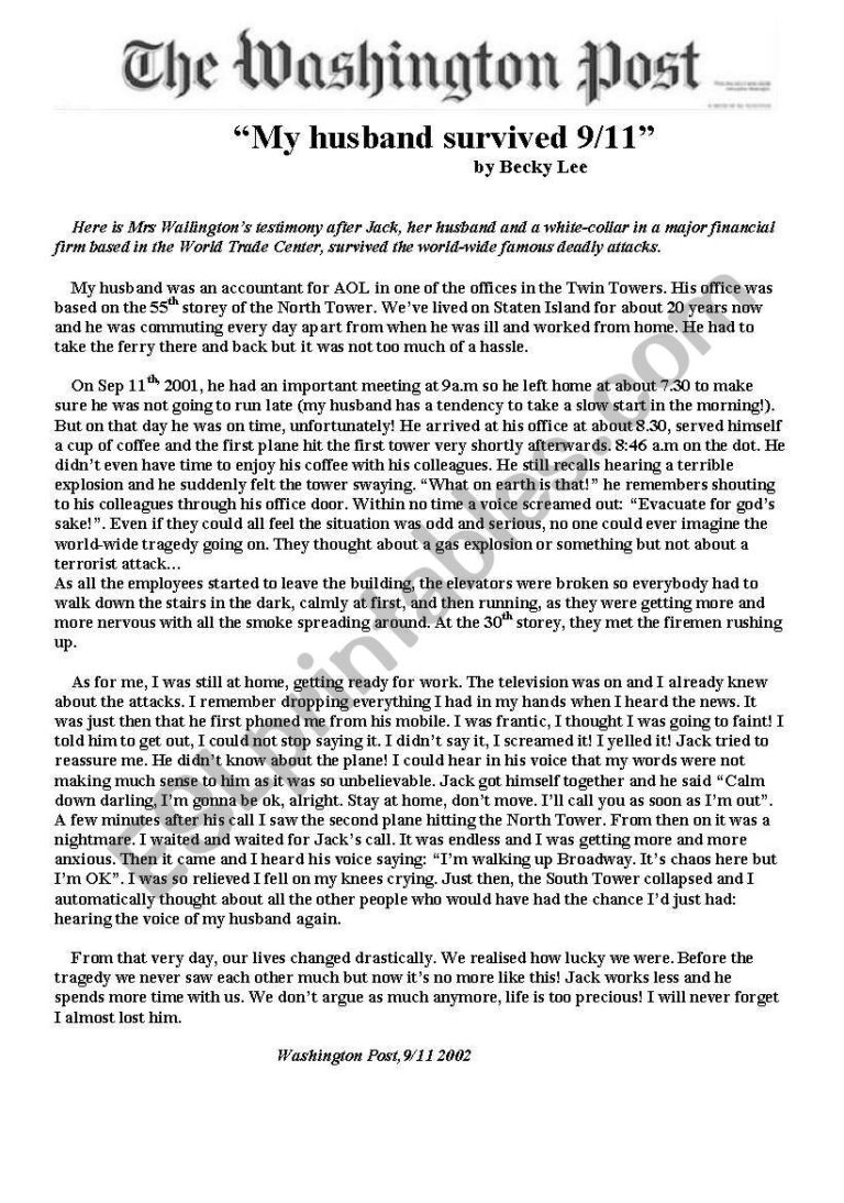 Reading Comprehension About Sep 11th 9 11 ESL Worksheet By Mariebichereau