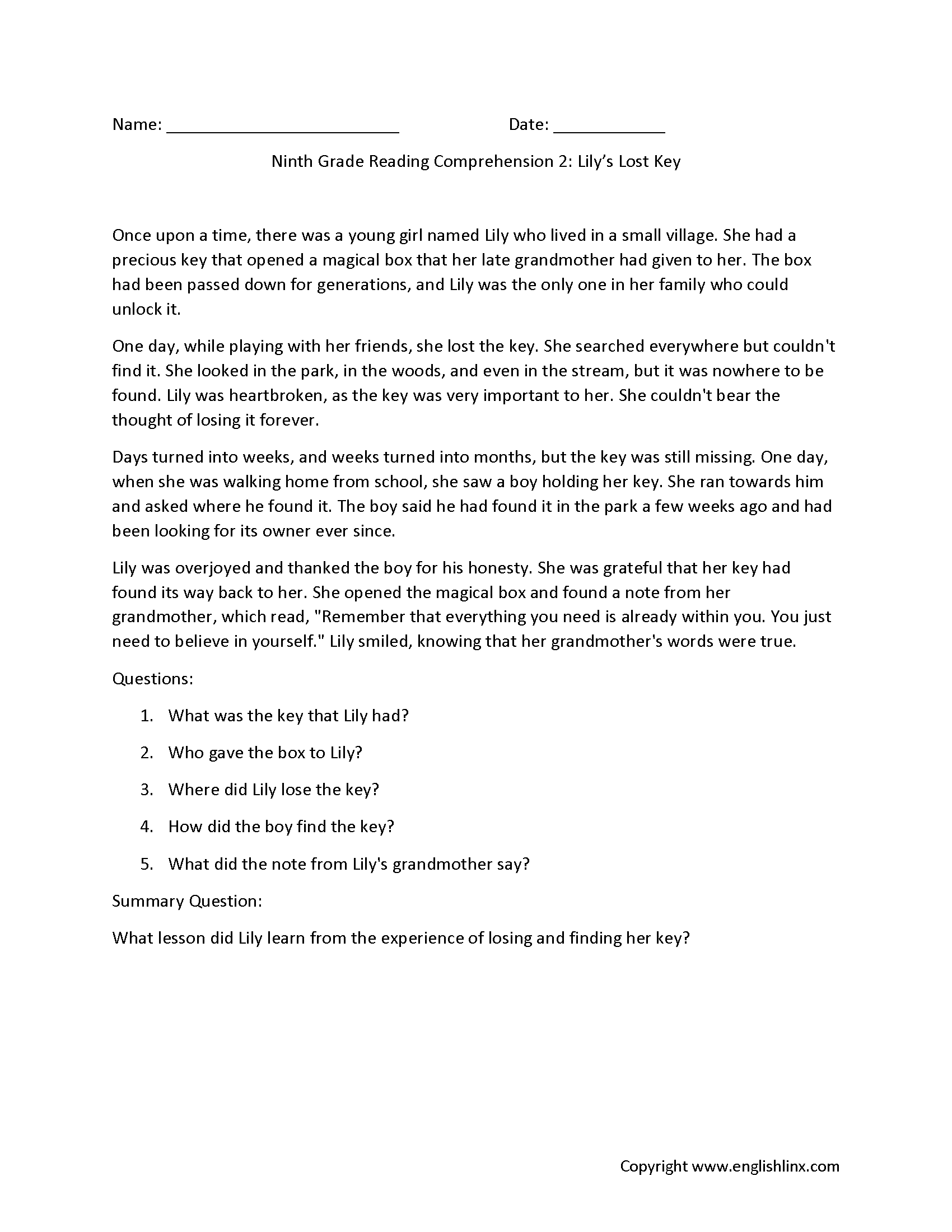 Reading Comprehension Grade 9 Worksheet Reading Comprehension Grade 9 Worksheet