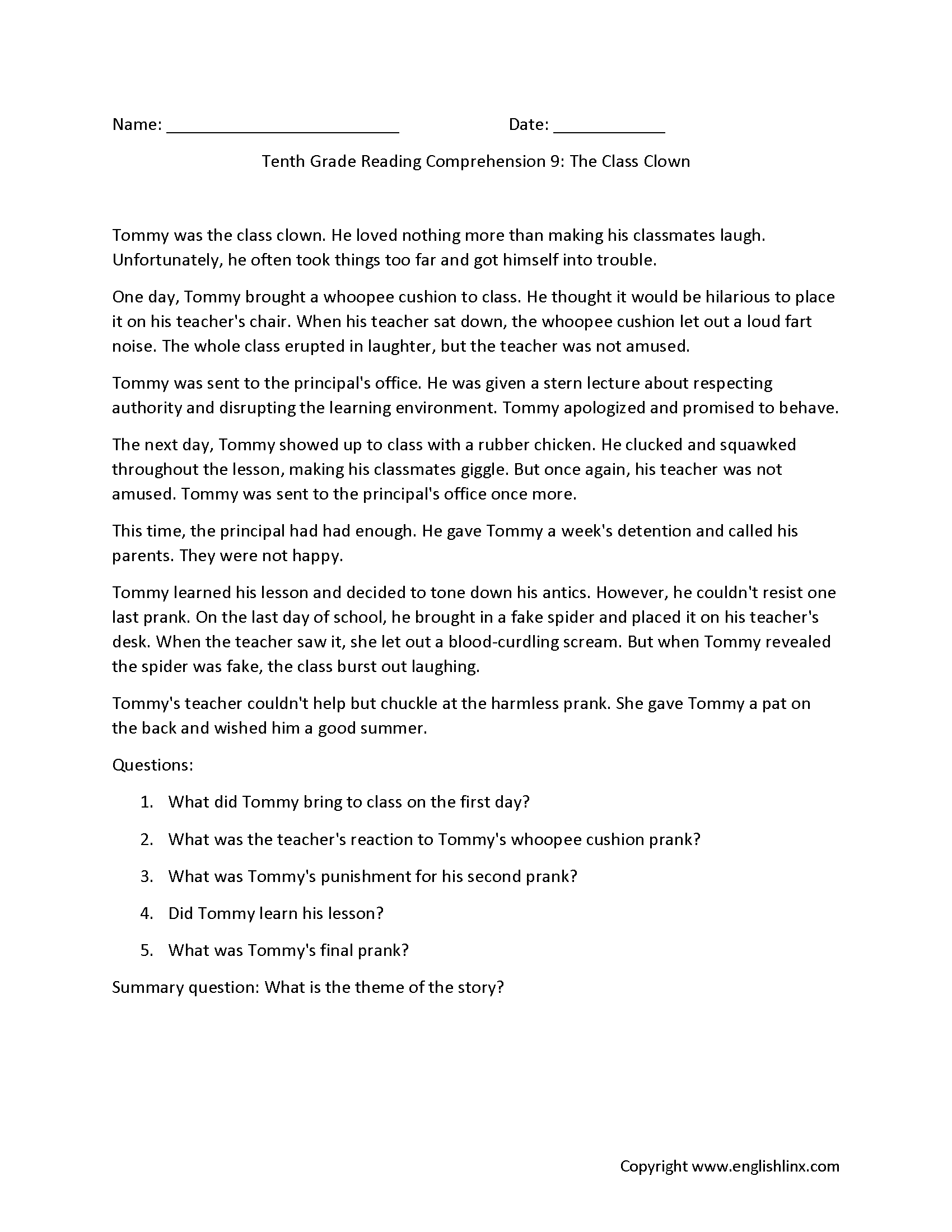 Reading Comprehension Worksheets For 10th Grade Reading Comprehension Worksheets For 10th Grade