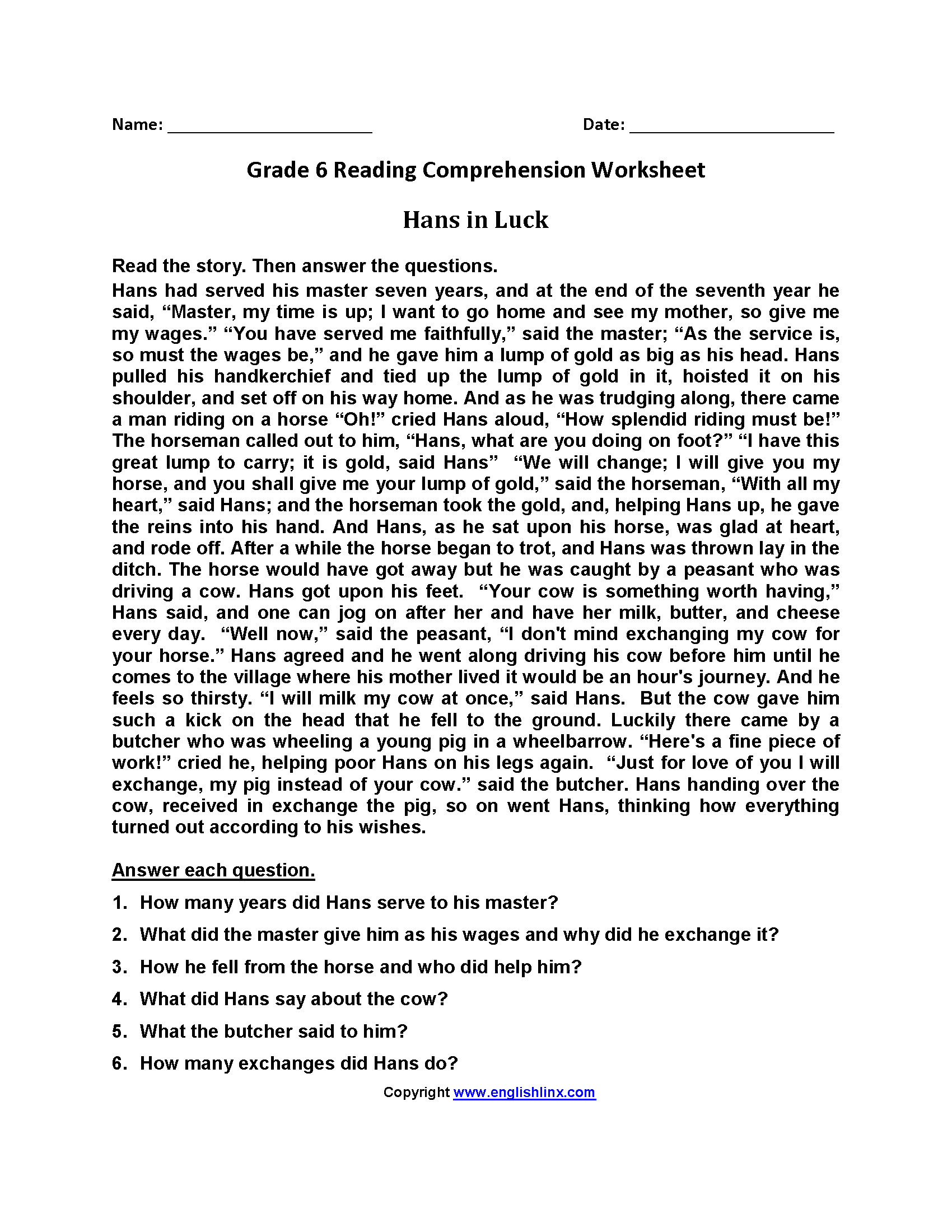 Grade 6 Reading Comprehension Worksheet Grade 6 Reading Comprehension Worksheet