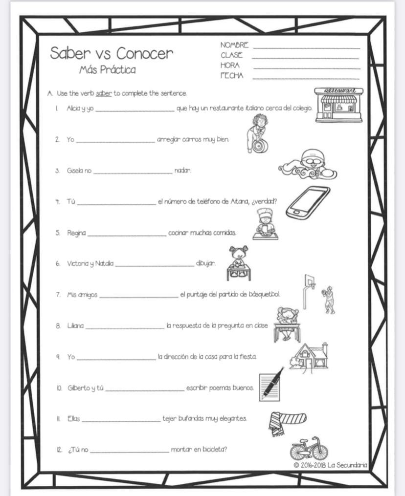 Saber And Conocer Printable Worksheet Saber And Conocer Printable Worksheet