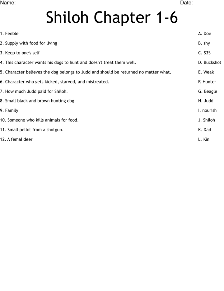 Shiloh Chapter 1 6 Worksheet WordMint