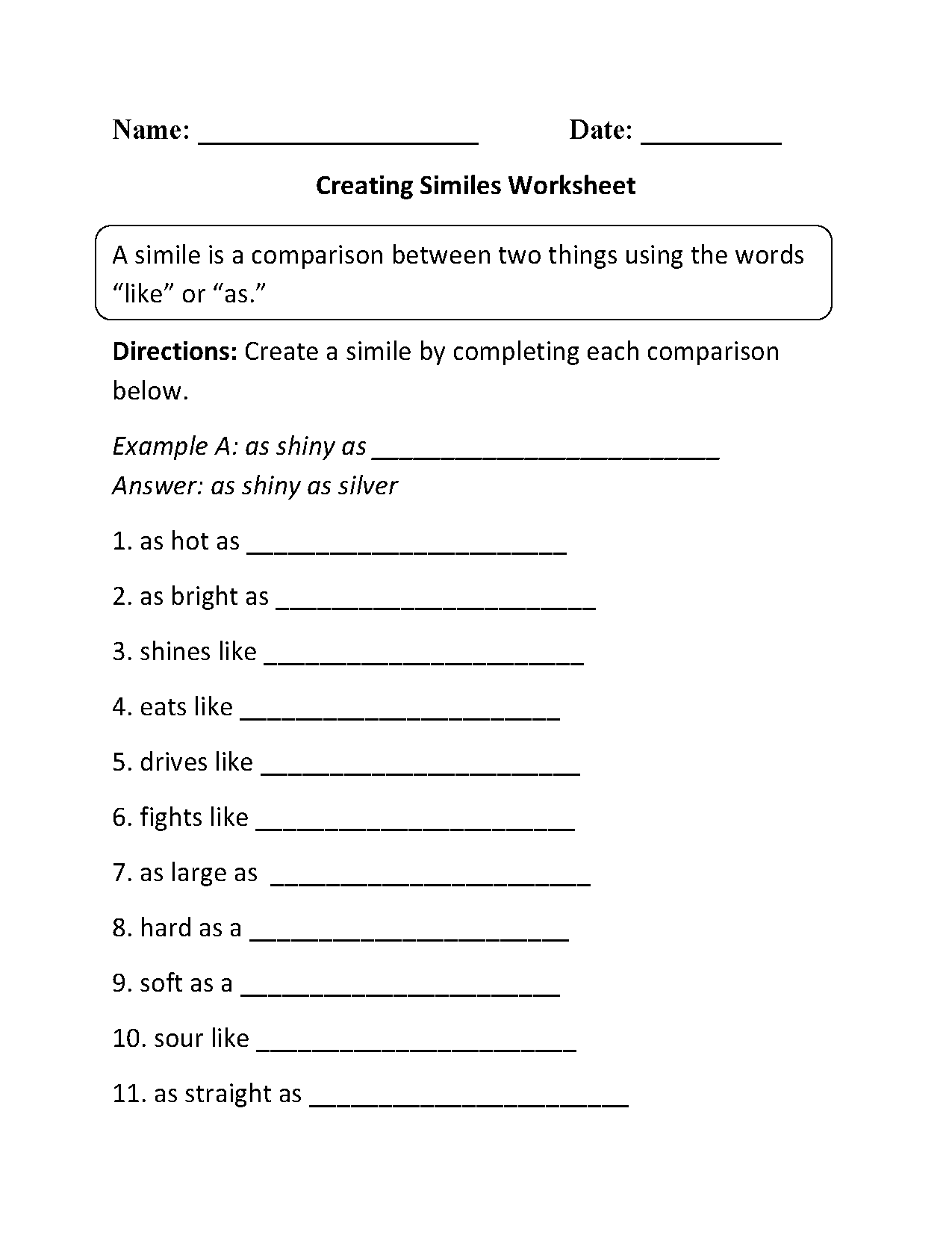 Free Simile Worksheets For Third Grade Free Simile Worksheets For Third Grade