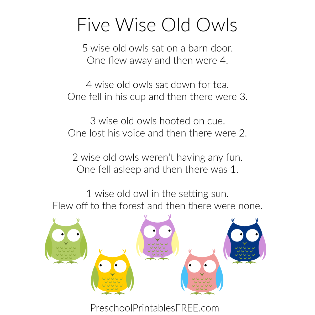 Owl Printable Preschool Songs Owl Printable Preschool Songs