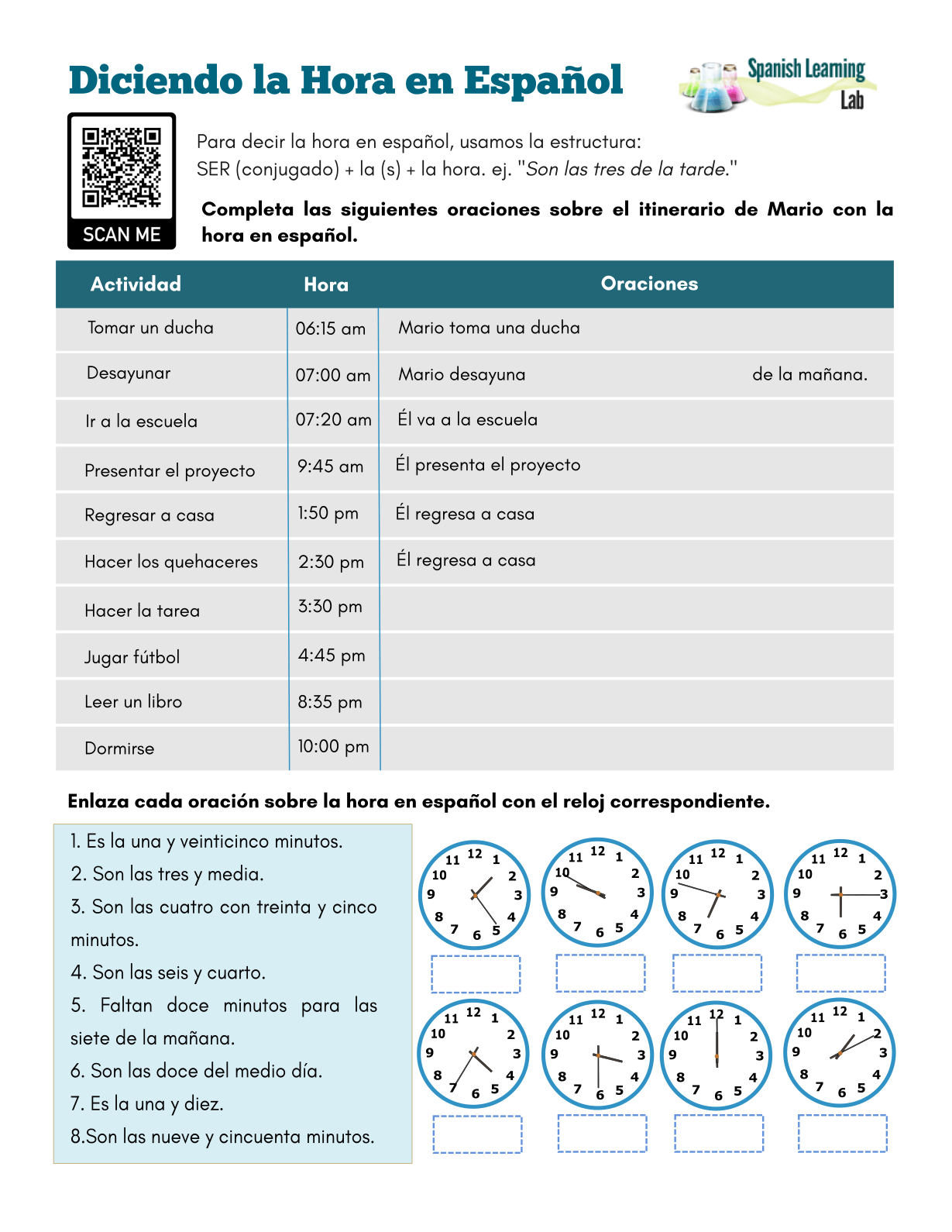 Printable Spanish Time Worksheet