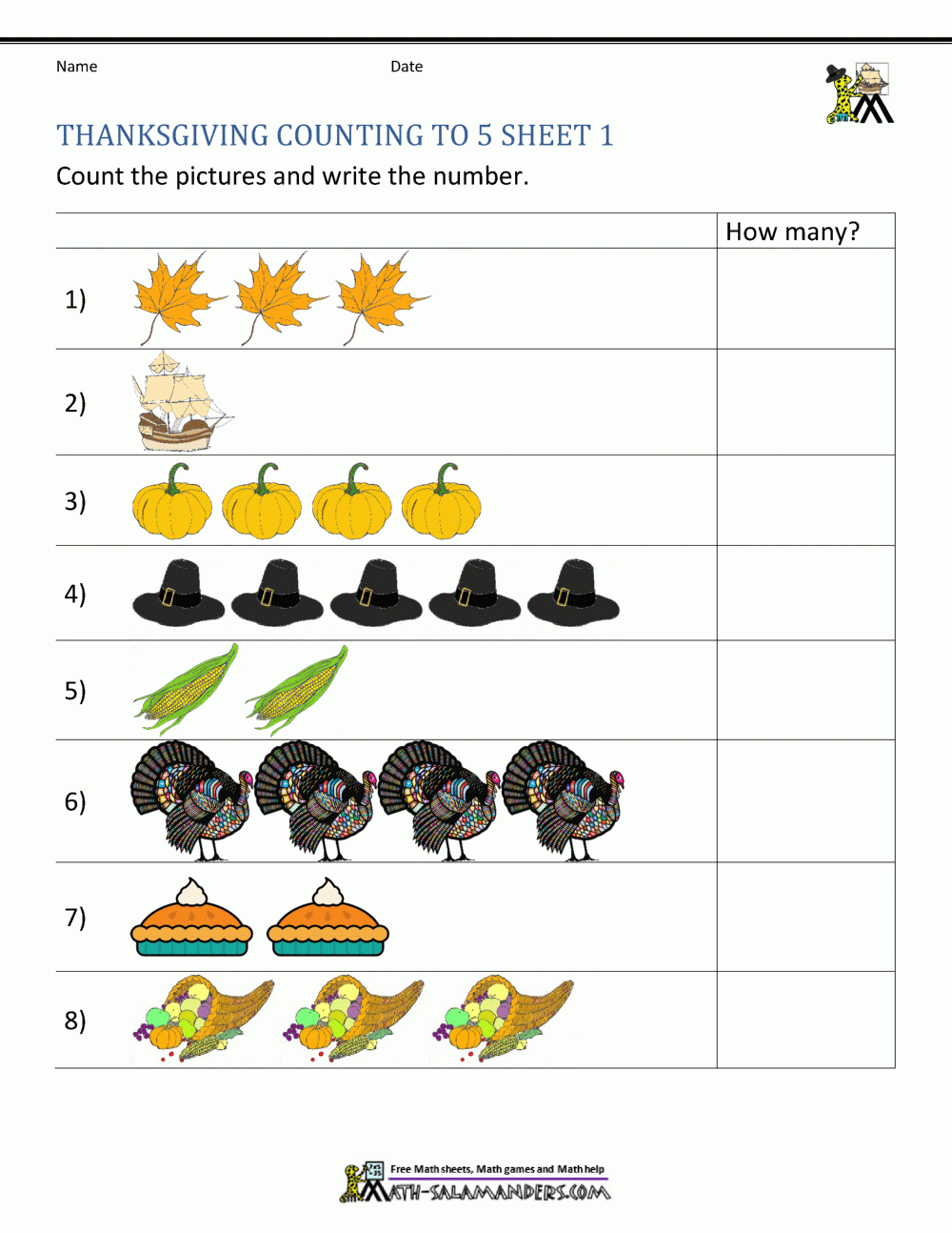 Thanksgiving Kindergarten Math Worksheets Free Printable