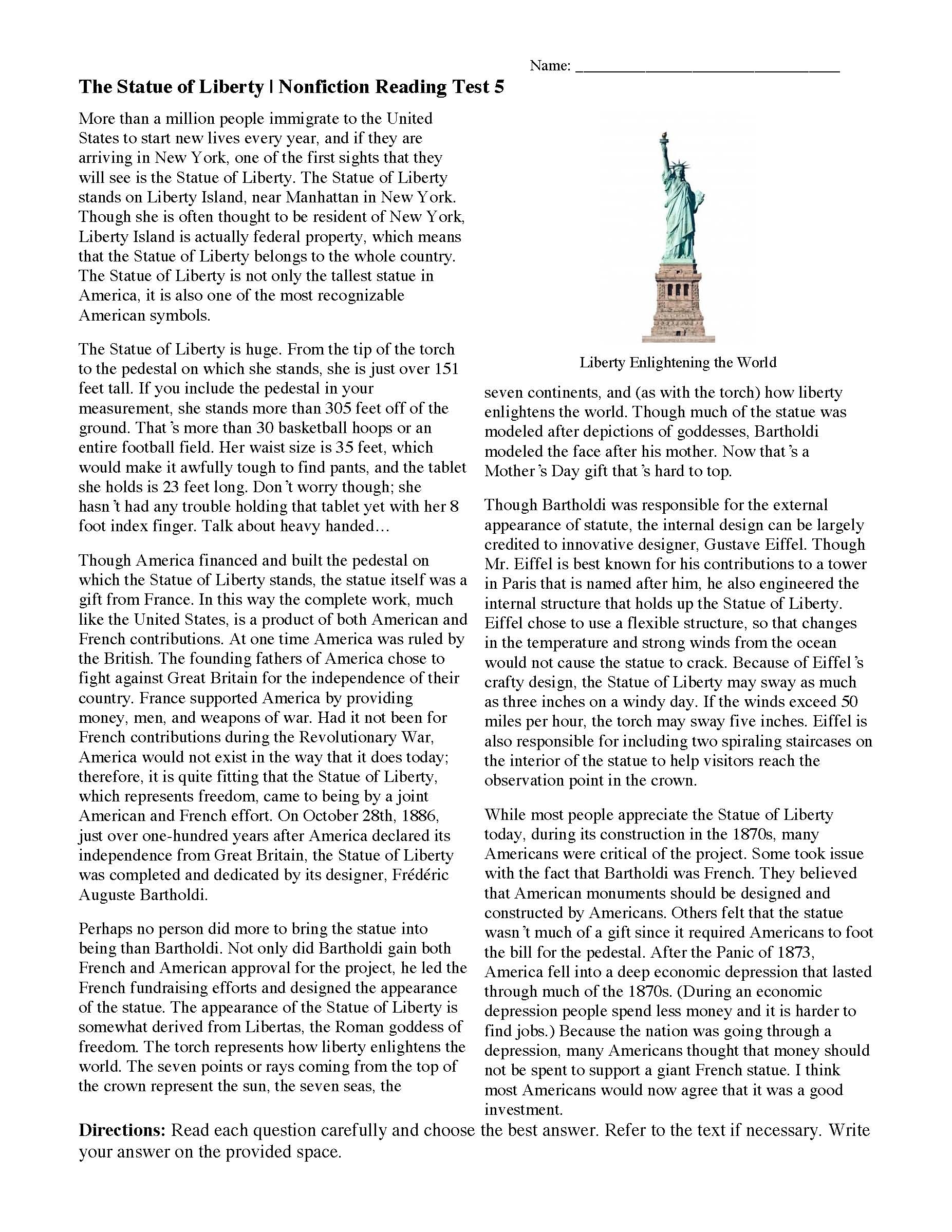 Statue Of Liberty Reading Comprehension Worksheet