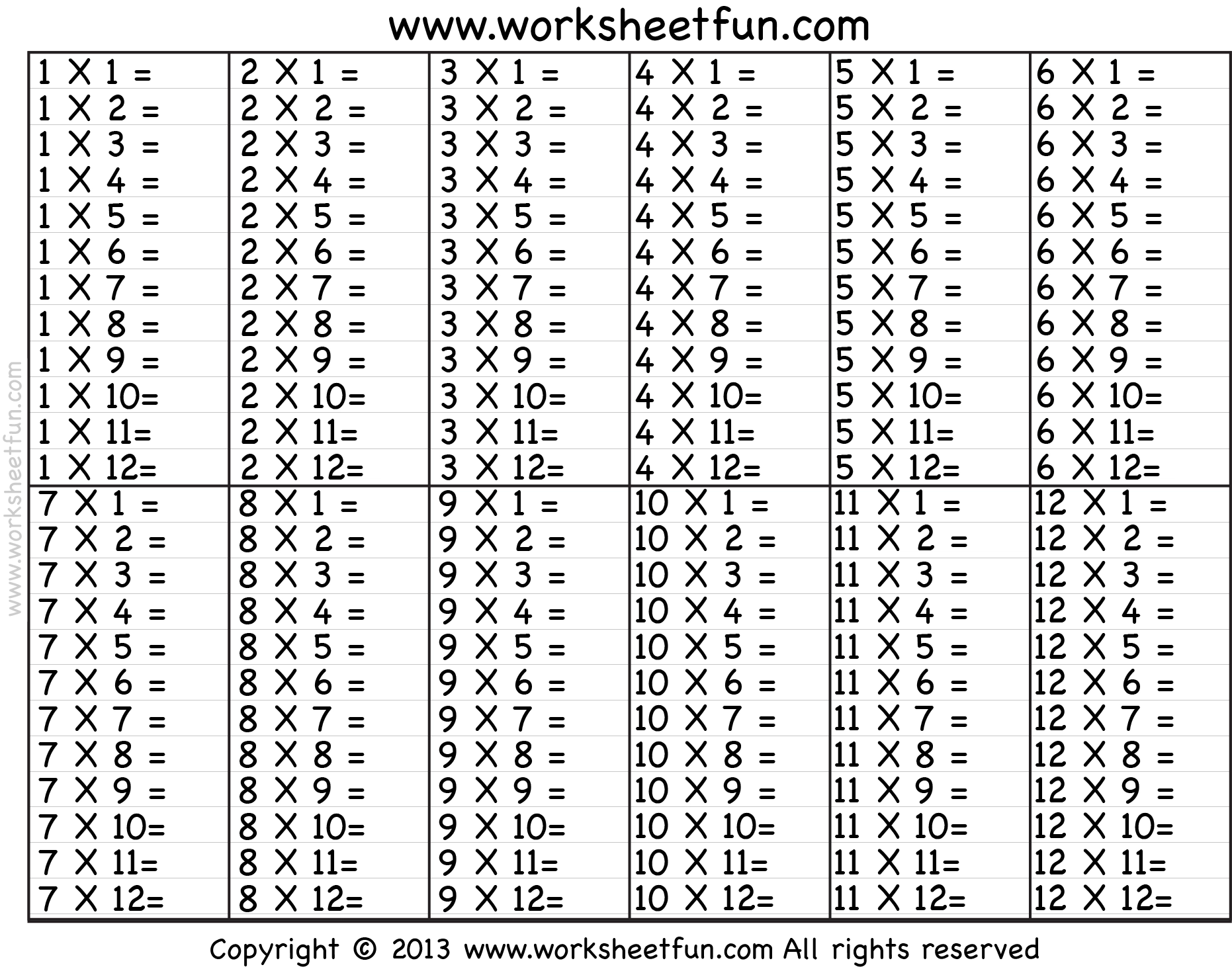 Multiplication Table Worksheets Printable