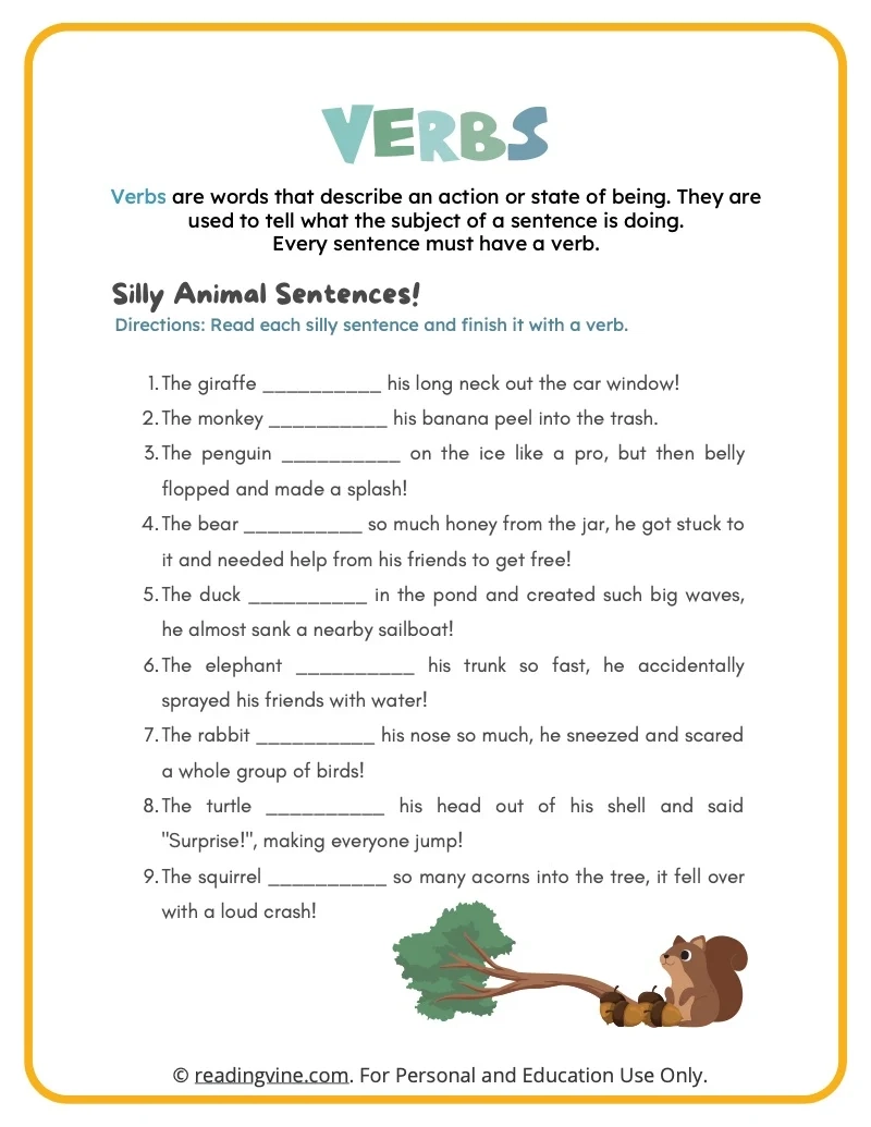 Printable Verb Worksheets Printable Verb Worksheets