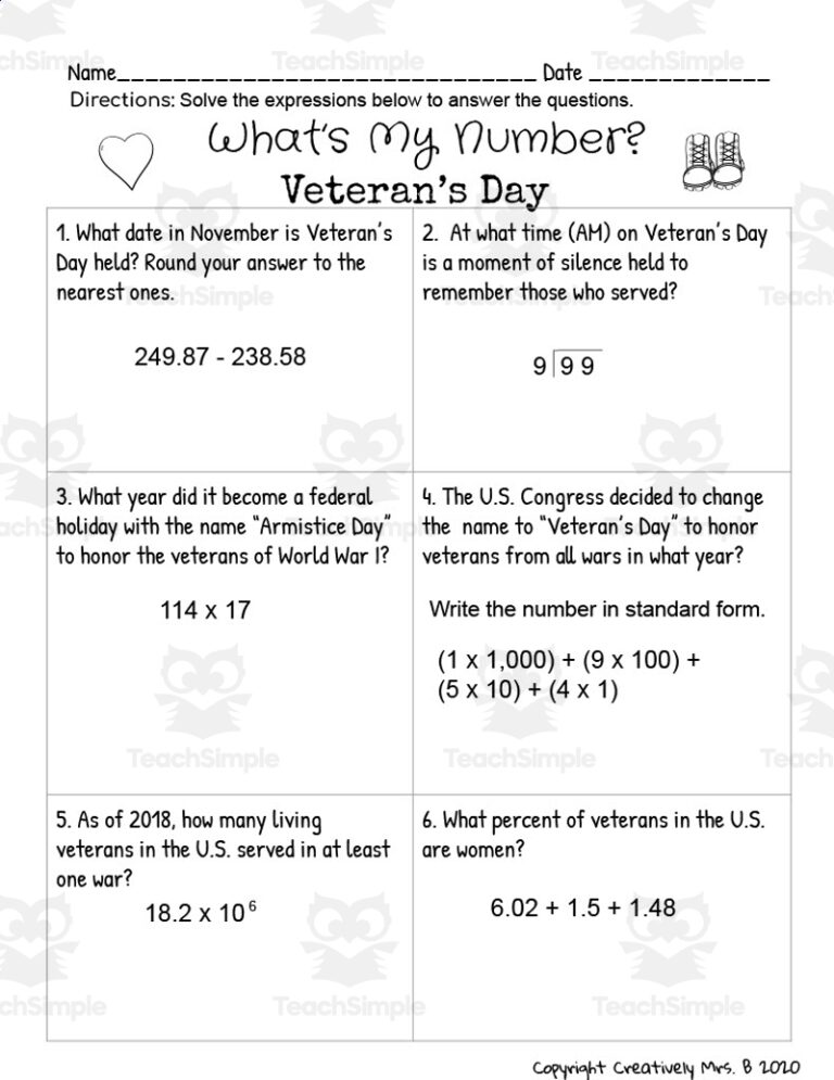 Veteran s Day Math Trivia Worksheet