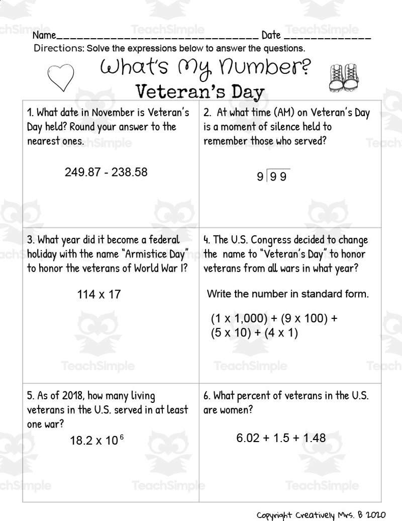 Free Printable Veterans Day Math Worksheets Free Printable Veterans Day Math Worksheets