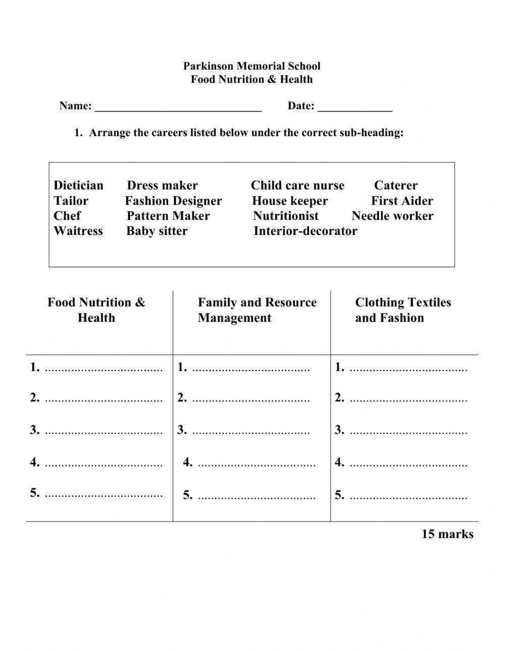 Home Economics Printable Worksheets Home Economics Printable Worksheets